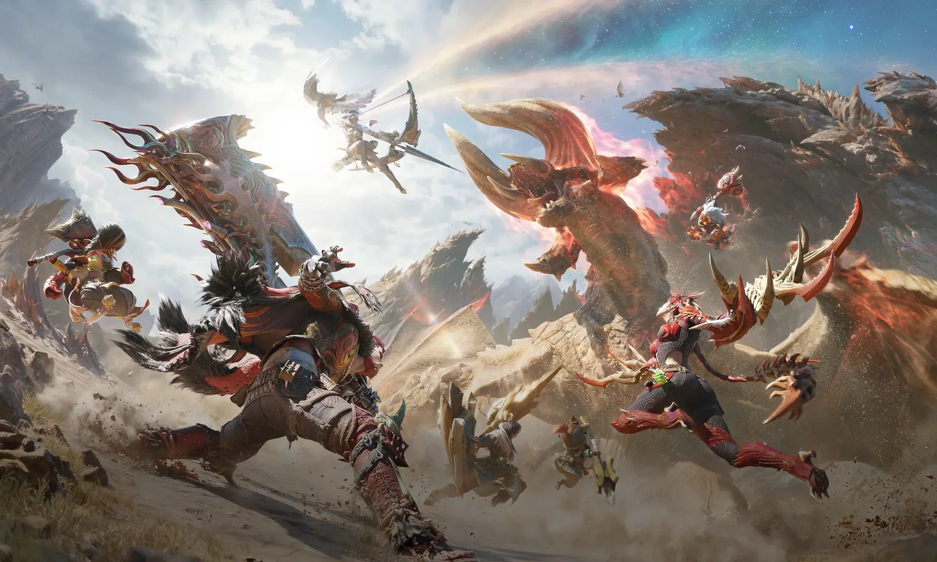 Monster Hunter Outlanders hunters and Palicos charging toward a Rathalos